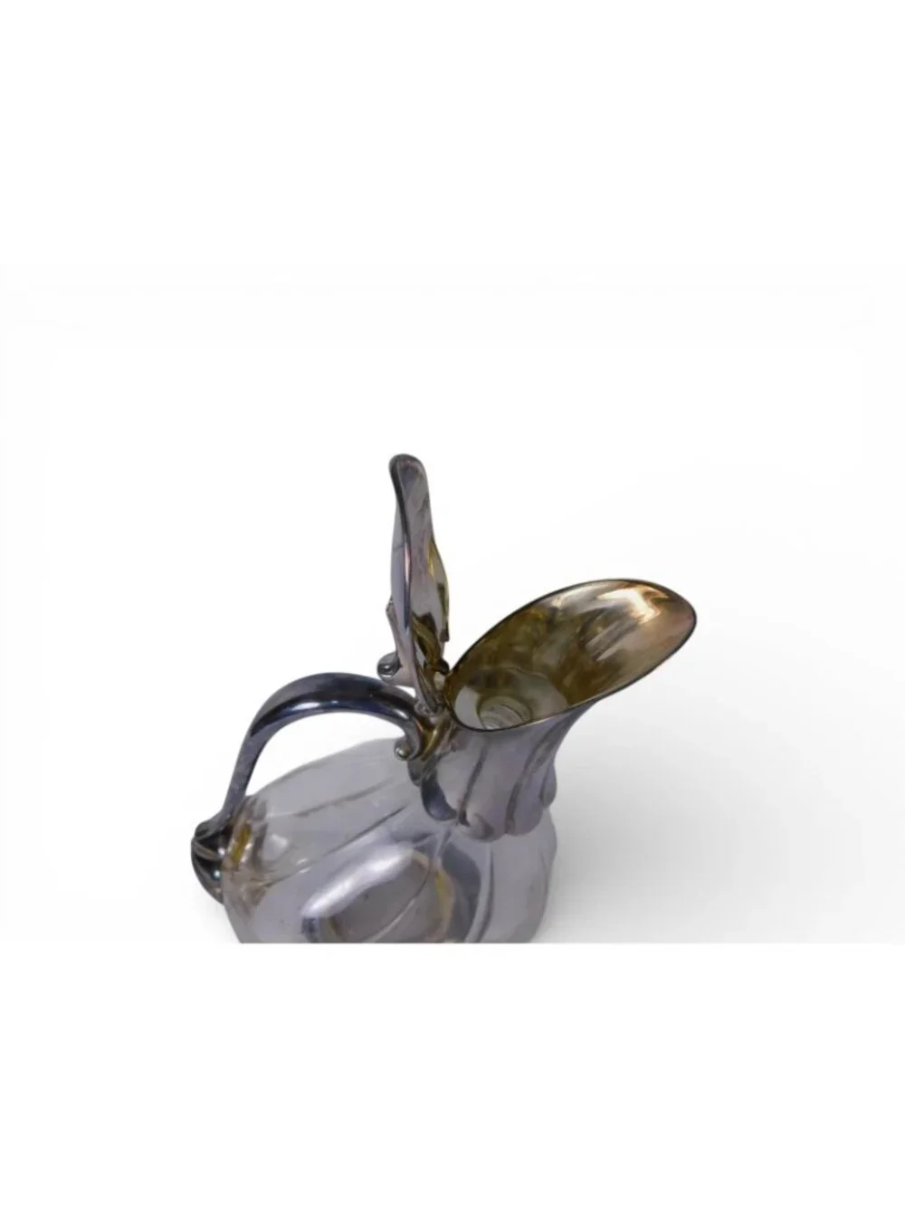 Vintage Clear Glass Art Nouveau Pitcher Metal Mounted Hinged Lid Handle Unmarked